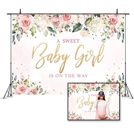 Ufeela Sweet Baby Shower Backdrop for Girls 7Wx5H Feet It's a Girl Baby Shower Decorations Watercolor Pink Flower Floral Rose Plant Party Background Fabric Polyester Banner Photo Shoot Decor Prop