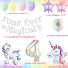 Glamoncha Four Ever Magical Unicorn Party Balloon Pack Holographic Four Ever Magical Banner for Pastel Unicorn 4th Birthday Party Decorations