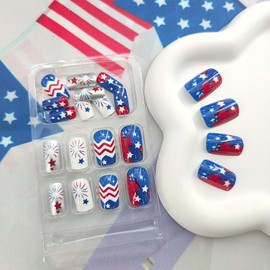 Independence Press on Nails Square Fake Nails Medium Long Glue on Nails 4th of July Nails Press ons Lines Stars Design Red Blue White July 4th False Nails Acrylic Stick on Nails for Women
