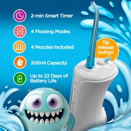 GuruNanda Kids Water Dental Flosser - 4 Flossing Modes, 4 Nozzles, 2-Min Smart Timer, Ages 6+, Monster Frens Theme, Portable Oral Care for Kids