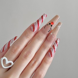 24 Pcs Christmas Press on Nails - Red Press on Nails Long Coffin Press on Nails Square Fake Nails Cute Elk Snowflake Pattern Designs Acrylic Press on Nails Nail Tips Square for Girls