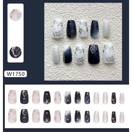 Coffin Press On Nails Medium Fake Nails Glitter With Sliver Flower Design Dark Blue False Nails Full Cover Artificial Nail Gradient Glue On Nail Acrylic Stick On Nails For Women 24pcs