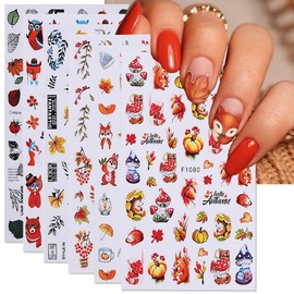 Fall Nail Art Stickers Decals Autumn Maple Leaf Nail Stickers 6PCS 3D Self-Adhesive Fall Leaf Plant Pumpkin Squirrel Thanksgiving Nail Designs Manicure Decal Accessories for Women Nail Art Decorations