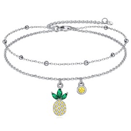 VONALA Pineapple Anklet for Women Sterling Silver Cubic Zirconia Pineapple Charm Hotwife Anklet Jewelry Gifts for Women Girls, Sterling Silver