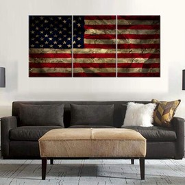 Native American Wall Decor Vintage USA Flag Grunge Paintings for Living Room Patriotic Concept Pictures 3 Panel Red Canvas Artwork Giclee Home Decoration Frame Stretched Ready to Hang (60''Wx28''H)