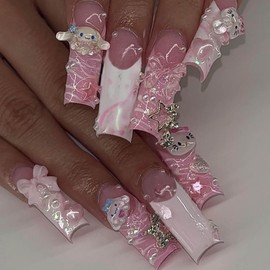 Long Press on Nails Square Fake Nails White French Tip False Nails Glitter Glue on Nails with Cute Charm and Bow Designs Acrylic Nails Press ons Full Cover Stick on Nails for Women Manicure