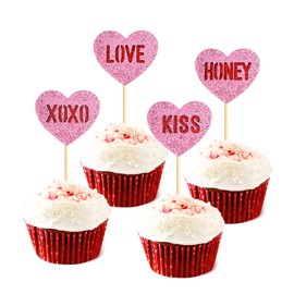 Keaziu - Paquete de 24 decoraciones para cupcakes de San Valentín, con forma de corazón, color rosa