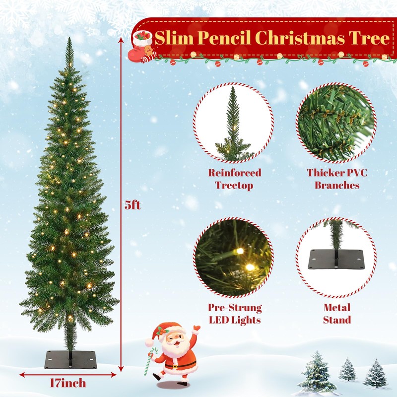 5FT Pre-Lit Pencil Christmas Tree with 300 LED Lights, Artificial