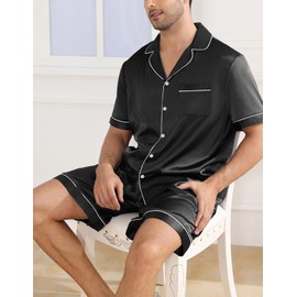Veseacky Mens Silk Pajama Set Satin Pajamas for Men Short Pajamas for Men Sleep Shirts for Men Short Sleeve Mens Silk Pajamas Silk Pants for Men Black Medium