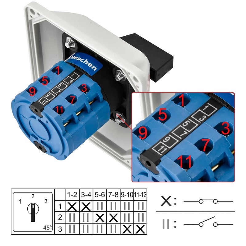 Heschen Universal Locking Cam Selector Switch, SZW26-20-123.3D-BX, 660V 20A, ON-OFF