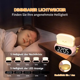 Kids Alarm Digital Alarm Clock Children, Children's Alarm Clock with Night Light, LED Display, 10 Ringtones, 5 Brightness Levels, Timer, Snooze Function, Light Alarm Clock for Beginners to School,