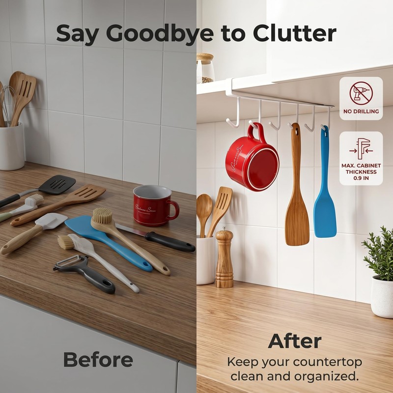 CXY Kitchen Utensil Hanger with 6 Hooks, No Drill Under