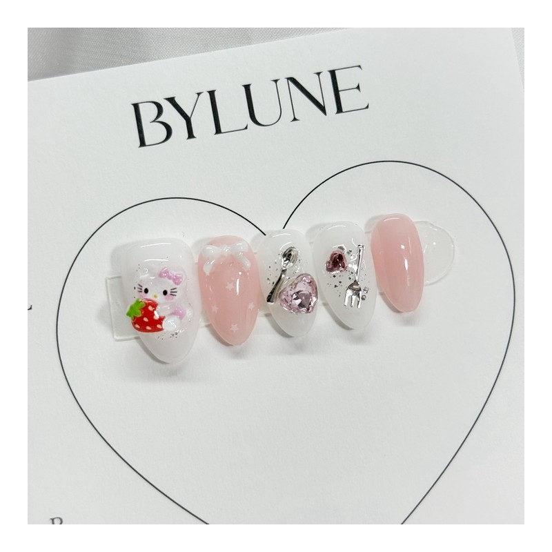 Dessert Strawberry Homemade Nail Tips Pink Kitty Nail Tips -