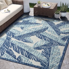 Abani Tropical Leaves Contemporary Blue & Cream 5'3" x 7'6" (5x8) Indoor/Outdoor Rug - Modern No Shed Palm Leaf Design Under Table Area Rug Rugs