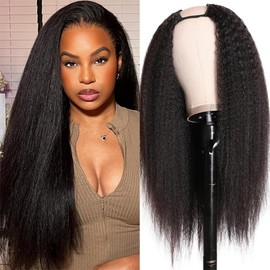 Bele U Part Wig Yaki Straight Human Hair Wig 180 Density 16 inch Kinky Straight U Part Human Hair Wigs for Black Women No Leave Out No Sew In Beginners Friendly Natural Black Color