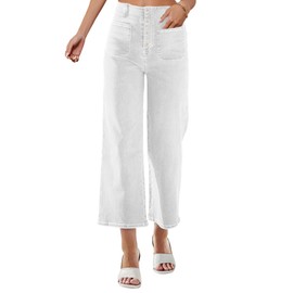 Omoone Wide Leg Jeans for Women High Waisted Stretchy Straight Leg Cropped Denim Pants Buttoned Baggy with Patch Pockets(White-8)