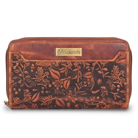 VALENCHI RFID Soft Flexible Leather Wallet for Women-Credit Card Slots, Mobile case Coin Purse with ID Window - Handmade, VINTAGE COGNAC FLOWER, MEDIUM, Lw-02