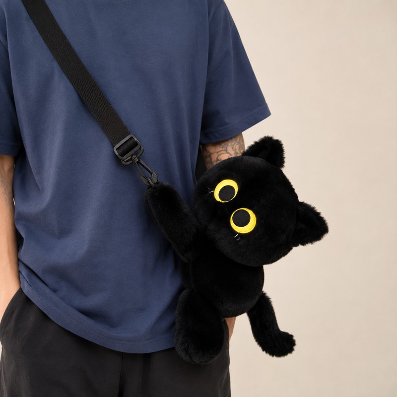 Black Cat Plush Backpack for Everyday Carry – Big-Eye Kawaii