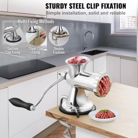 Happybuy Manual Meat Grinder, 304 Stainless Steel Hand Mincer with Suction Cup & Clamp, Includes 2 Cutting Plates, Sausage Tube, and Grinding Head for Beef, Pepper, and More