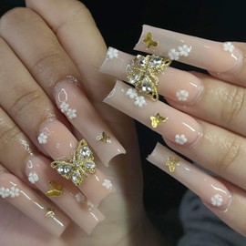 Butterfly Press on Nails Extra Long Square Fake Nails Glitter Rhinestones with White Flower Glue on Nail Nude Pink Designs Full Cover Artificial Nails for Women Acrylic Manicure Decorations 24Pcs