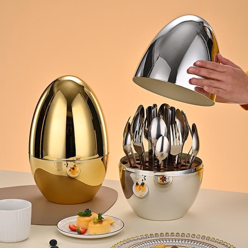 24-Piece Gold & Silver Cutlery Set in Egg-Shaped Case -