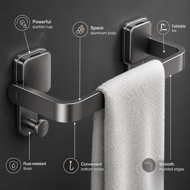 No-Drill Suction Cup Towel Bar for Bathrooms – Folding Aluminum