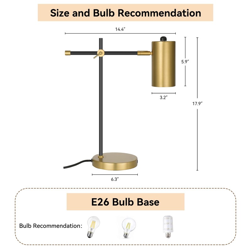 Folux Modern Industrial Working Table Lamp, Minimalist Desk Lamp, Gold