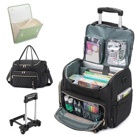 SUCIKORIO Rolling Laptop Bag 17.3 Inch With Accordion File Folder 3 IN 1 Rolling Briefcase for Women Waterproof Teacher Tote Bag With Wheels With Detachable Trolley for Office, College, Nurse, Black
