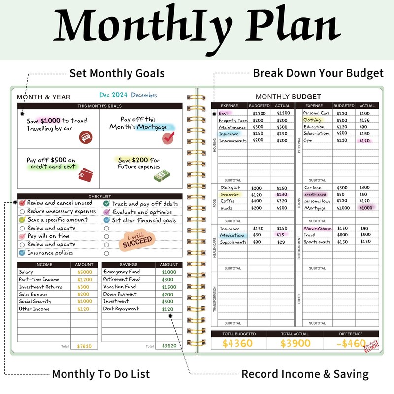 DOURA Monthly Budget Planner, Monthly Budget Book with Expense Tracker