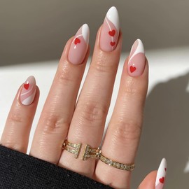 24Pcs Almond Valentine’s Day Press on Nails Small Red Heart Fake Nails Glossy White French Acrylic False Nail Tips Full Cover Medium Glue on Nails Cute Valentine Stick on Nails for Women Manicure DIY