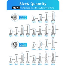 M3 M4 M5 M6 Wood Screws Assortment Set,304 Stainless Steel Assorted Self Tapping Screws Kit Truss Flat Pan Head Phillips Drive Drilling for Deck Drywall Concrete Sheet Metal (Flat & Pan Head 820PCS)