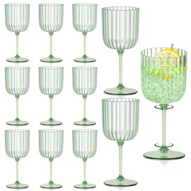 12 PCS Plastic Ribbed Wine Glasses 11oz Green Detachable Wine Goblet Vintage Ripple Water Goblets Cocktail Drinking Cups for Parties Weddings Poolside Outdoors
