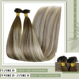 RUNATURE U Tip Human Hair Extensions Light Brown Ombre Light Blonde Ombre Dark Brown Straight Keratin Human Hair Extensions Hot Fusion U Tip Hair Extensions 12 Inch 50g 50 Strands