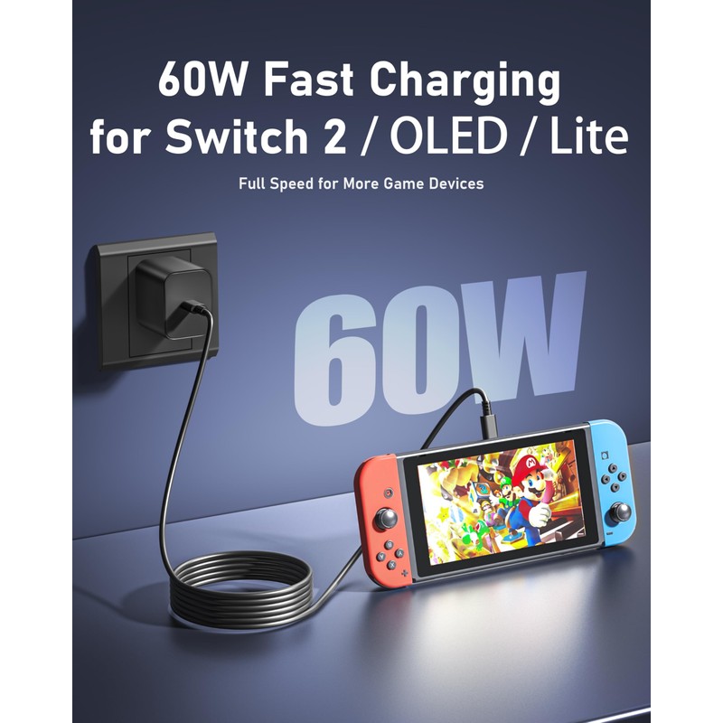 60W USB-C Charger for Steam Deck/Steam Deck OLED, Switch 2/Switch