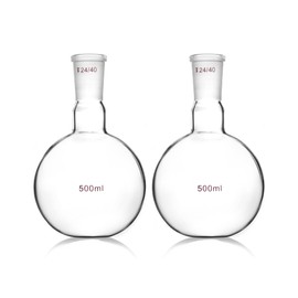 QWORK - Frasco de ebullición de fondo plano de un solo cuello de 500 ml, con junta estándar 24/40, paquete de 2 aparatos receptores de destilación de pared pesada, cristalería de laboratorio de juntas