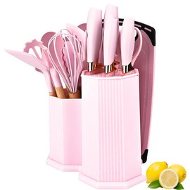 Kitchen Cooking Utensils and Knife Set with Holder Block, 19 Pieces Cooks Cutting Set 11 Pcs Silicone Cooking Utensils Sharp Stainless Steel Knives Scissors Whisk Tongs and Cutting Board (Pink)