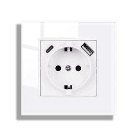 JIMEIDA Glass Socket with USB White Flush-Mounted, USB A and Type C Port Max. 2.1 A, 16 Amp Tempered Glass Panel Socket 86 mm x 86 mm, 1 Compartment, 250 V
