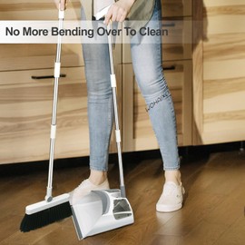 WOHAIXO Broom and Dustpan Set with Long Handle, Upright Standing Dustpan with Teeth Comb, White