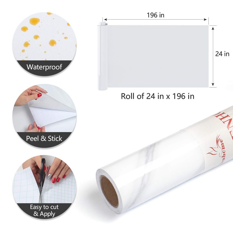YENHOME 24"X200" White Marble Contact Paper Waterproof Contact Paper for
