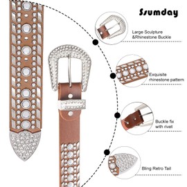 Western Rhinestone Bling Studded Cowboy Cowgirl Brown Belts for Women Girl Men Female Ladies Jeans Pants Dresses Dress with Vintage Silver Buckle(ZSBR-L)