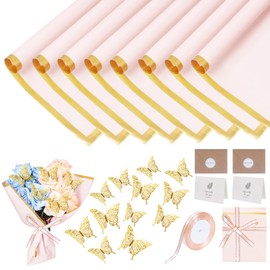 20 Sheets Waterproof Flower Wrapping Paper, White Bouquet Floral Wrapping Paper with Ribbons, Cards, Butterfly Decorations for Flower Gift Wrapping(Pink)