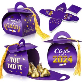 Teling 50 Pcs Graduation Cap Gift Boxes Graduation Decorations Congrats Grad Candy Boxes with Gold Tassel, Congrat Chocolate Gift Box Class of 2024 Grad Party Favor Supplies(Purple)