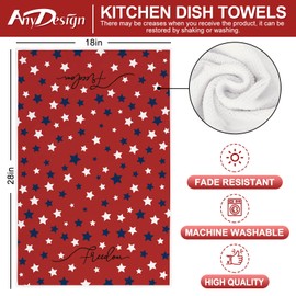 AnyDesign Patriotic Kitchen Dish Towel 4th of July American Stars Dishcloth 18 x 28 Inch Red White Blue Stars Hand Drying Tea Towel for Independence Day Memorial Day Cooking Baking, 2Pcs