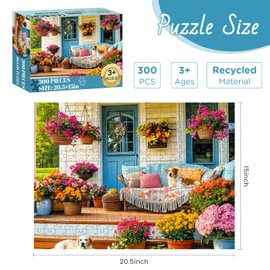 300 Piece Puzzles for Adult, Colorful Flower Jigsaw Puzzle 300 Pieces for Adults Kids Seniors, Beautiful House and Puppy Adults Puzzle for Family and Friends Party Gifts Decor 20.5×15 in