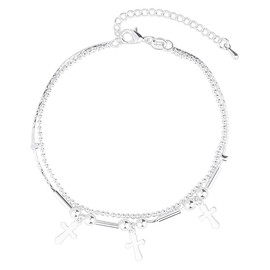 Chereda 925 Silver Geometry Anklets For Women Cross Beads Double Layer Chain Anklet Beach Foot Jewelry Lady Birthday Party Gifts