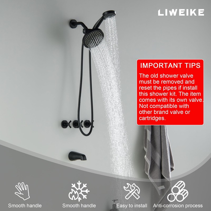 LIWEIKE 3 Handle Tub Shower Faucet, Matte Black Three Handles