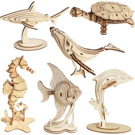 3D Wooden Puzzle Sea Life Collection, 6 Piece Set, Marine Animal Models with Stands, DIY Assembly Kit