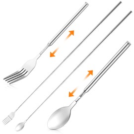 Nogeqi 2 x telescopic fork, extendable fork spoon, long telescopic spoon, fork, 20.5-65 cm, stainless steel telescopic fork, telescopic spoon, extendable cutlery for BBQ, toasting, dinner, fruit