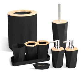 Bathroom Accessories Set, 9Pcs Plastic Bathroom Accessory Set with Trash Can, Toilet Brush Set,Toothbrush Holder, Toothbrush Cup, Soap Dispenser, Soap Dish, Cotton Ball Holder(Black)