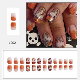 Fall Press on Nails Short Square Fake Nails Gold Glitter French Tip Full Cover Artificial Thanksgiving Nails Pumpkin Maple Leaf False Nails Autumn Design Glue on Nails for Acrylic Manicure Decorations